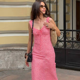 LIZAKOSHT  -  Sexy V-neck Plaid Print Fashion Maxi Dress For Women Spaghetti Patchwork Sleeveless Vacation Long Dress Elegant Vestido